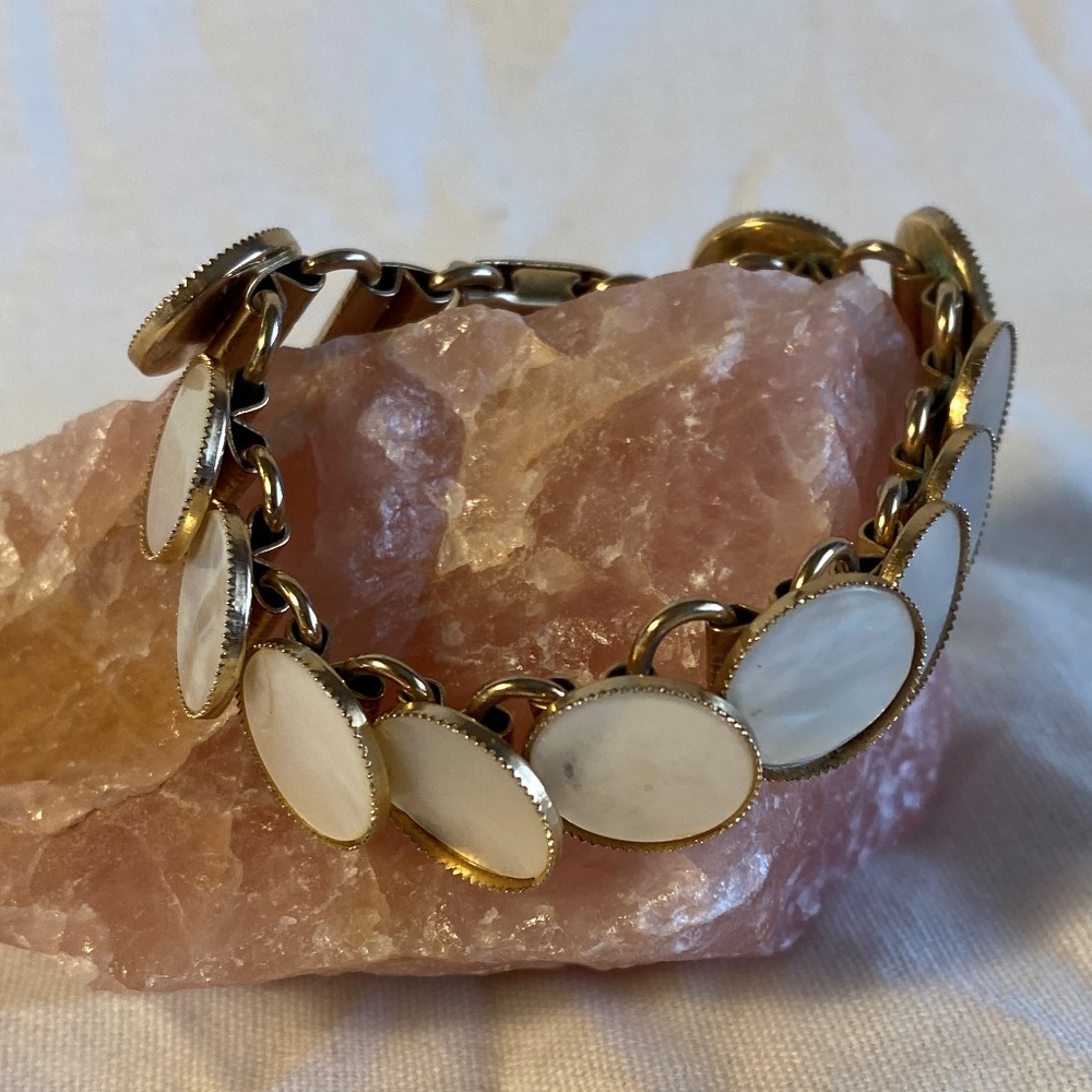 Vintage Mother of Gold Tone Pearl Coin Bracelet